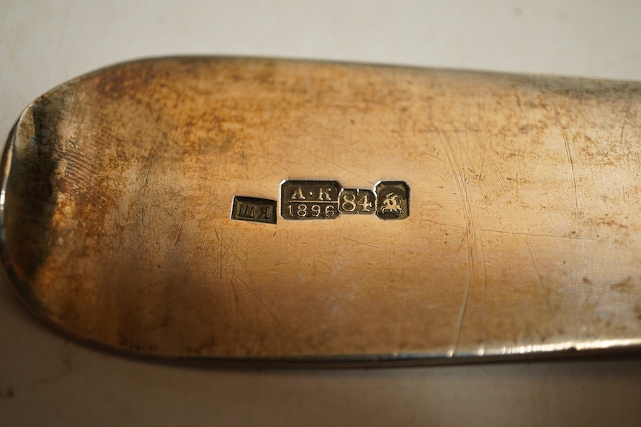 A late 19th century Russian .84 silver fiddle pattern soup ladles, Vilnius, assay master Aleksandr Krollau 1896, cyrillic makers, mark, pricked engraved initials, length 32cm., weight approx. 7.68ozt